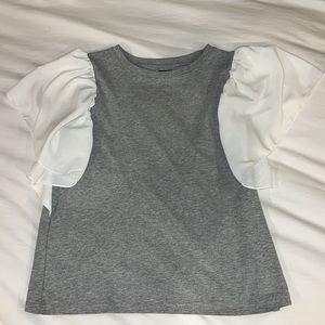 Ontwelfth Grey Cotton Tee with White Chiffon Flutter Sleeves